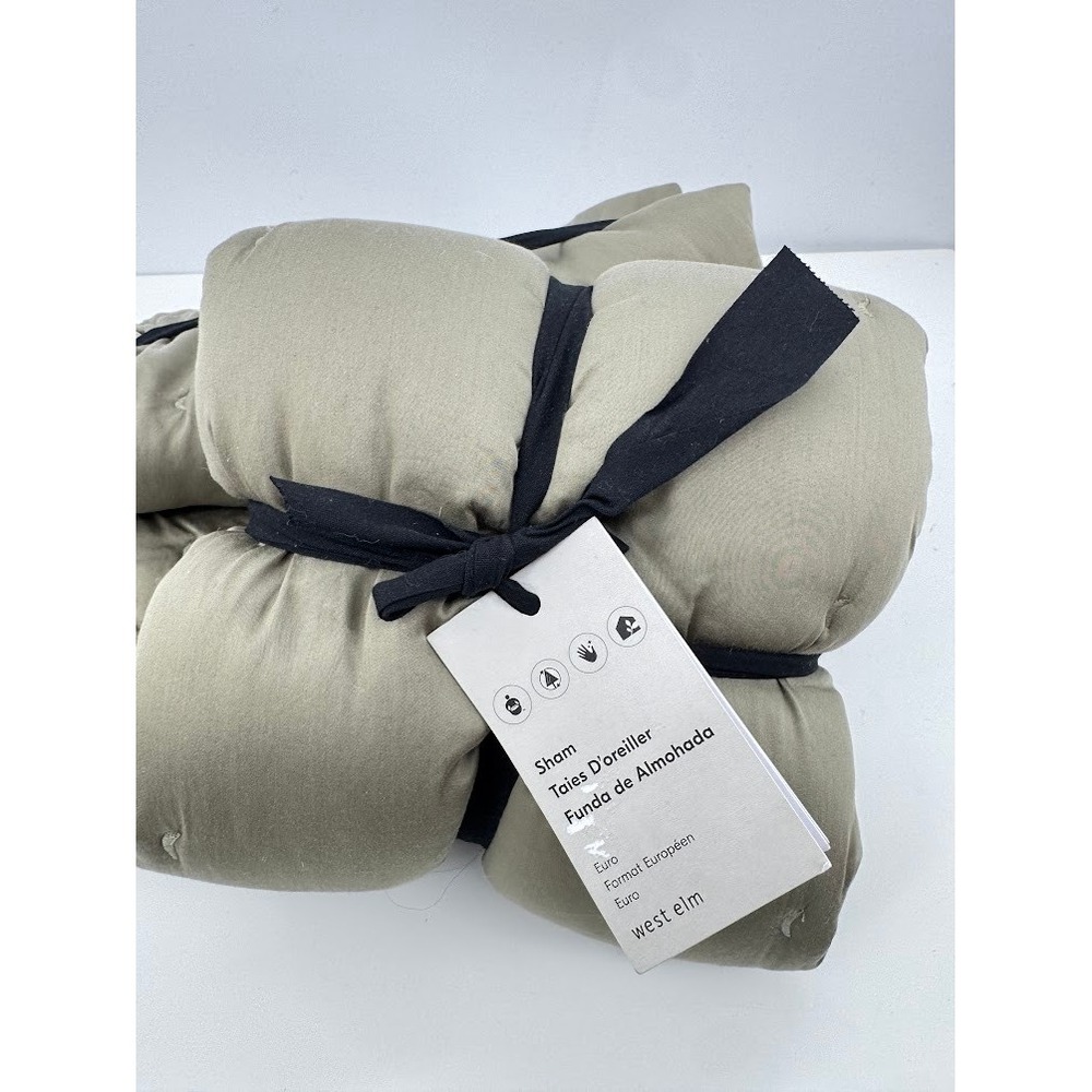 West Elm Cotton Velvet Pick Stitch Euro Sham Set Olive Green New - Picture 6 of 8